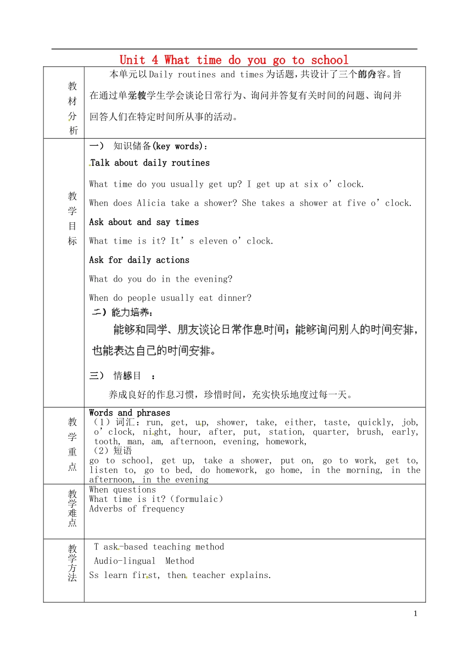 山东省淄博市临淄区第八中学六年级英语下册 Unit 4 What time do you go to school单元教学设计 鲁教版五四制_第1页