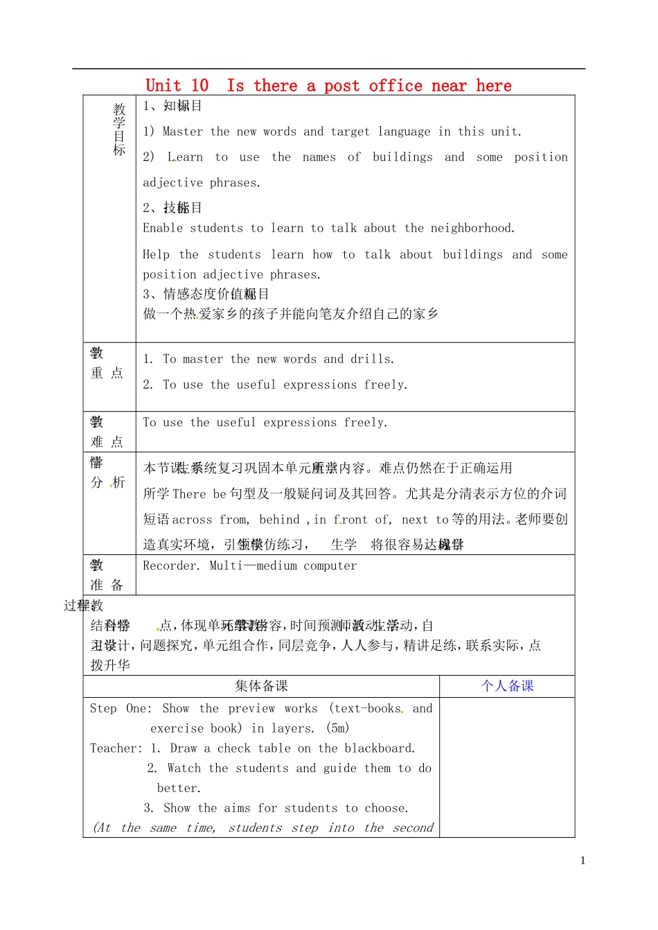 山东省淄博市临淄区第八中学六年级英语下册 Unit 10 Is there a post office near here（第6课时）教学设计 鲁教版五四制_第1页
