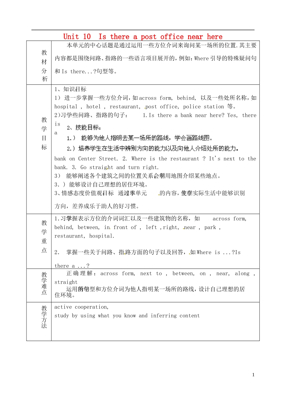 山东省淄博市临淄区第八中学六年级英语下册 Unit 10 Is there a post office near here单元教学设计 鲁教版五四制_第1页