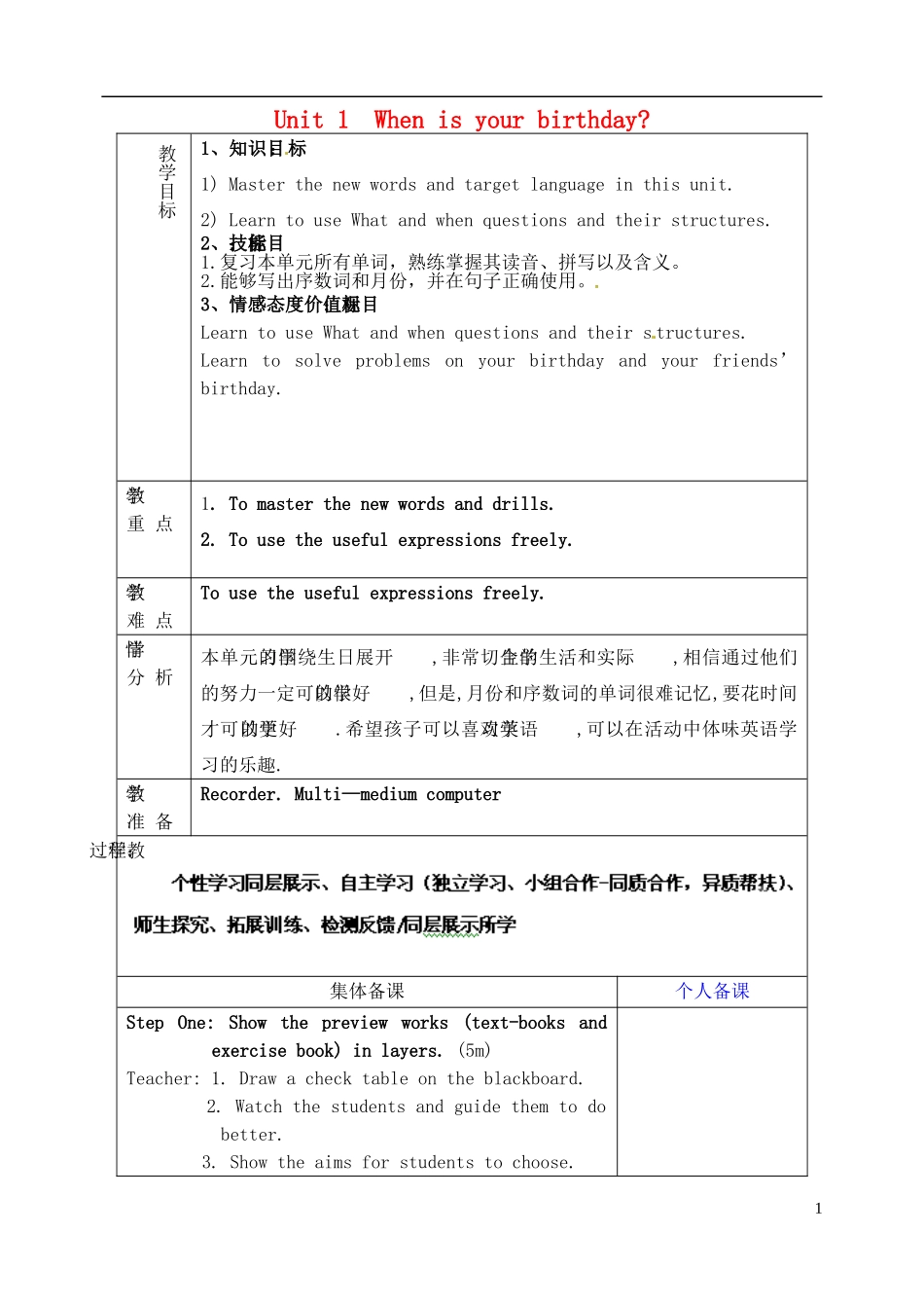 山东省淄博市临淄区第八中学六年级英语下册 Unit 1 When is your birthday（第6课时）教学设计 鲁教版五四制_第1页