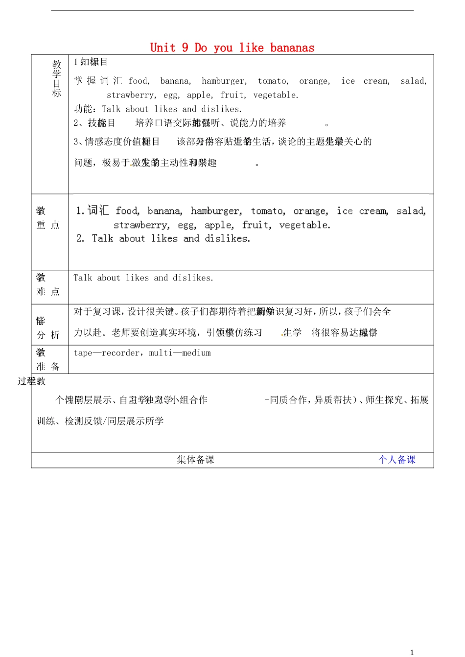 山东省淄博市临淄区第八中学六年级英语上册 Unit 9 Do you like bananas（第6课时）教学设计 鲁教版五四制_第1页