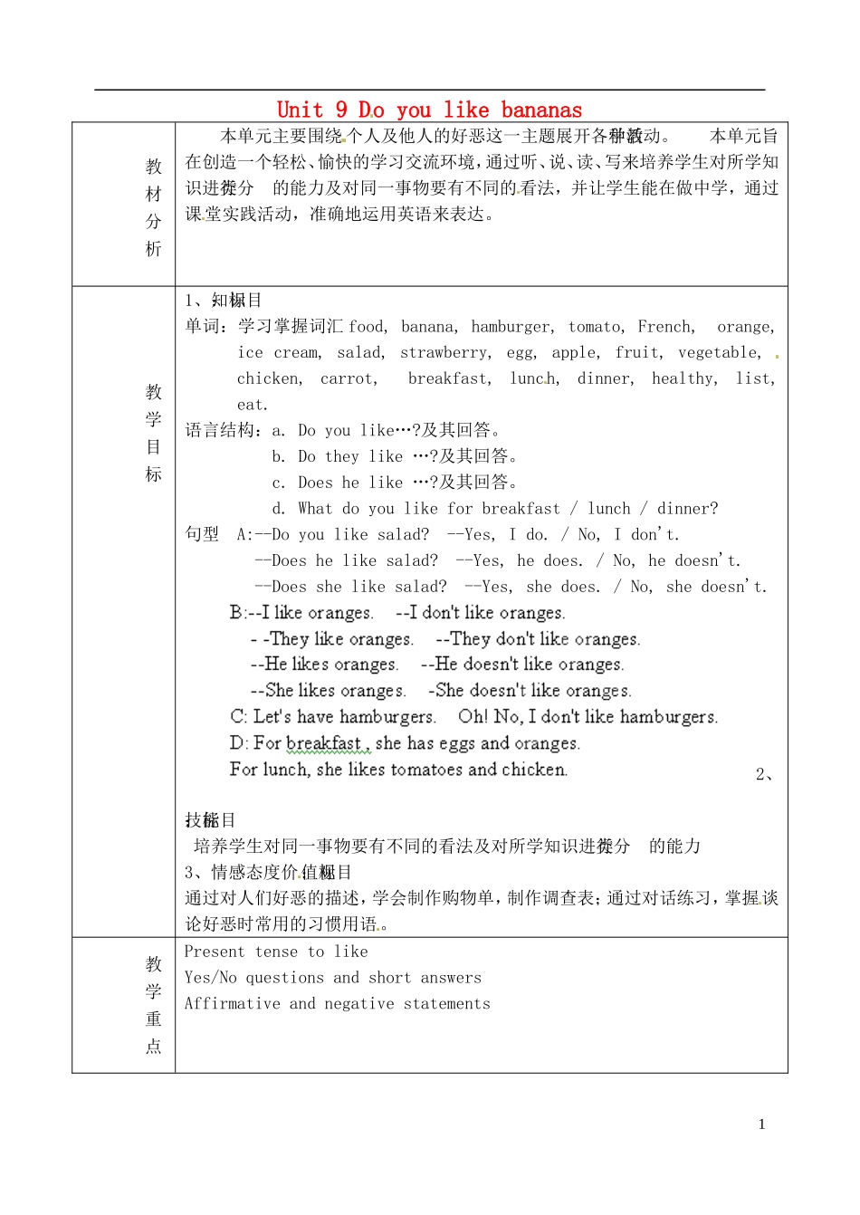 山东省淄博市临淄区第八中学六年级英语上册 Unit 9 Do you like bananas单元教学设计 鲁教版五四制_第1页