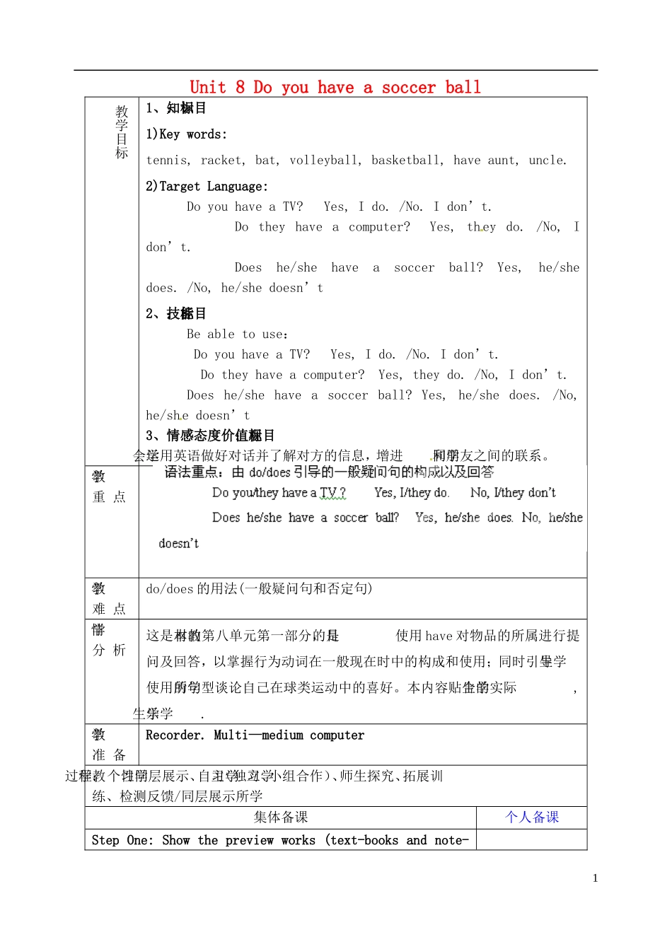 山东省淄博市临淄区第八中学六年级英语上册 Unit 8 Do you have a soccer ball（第1课时）教学设计 鲁教版五四制_第1页