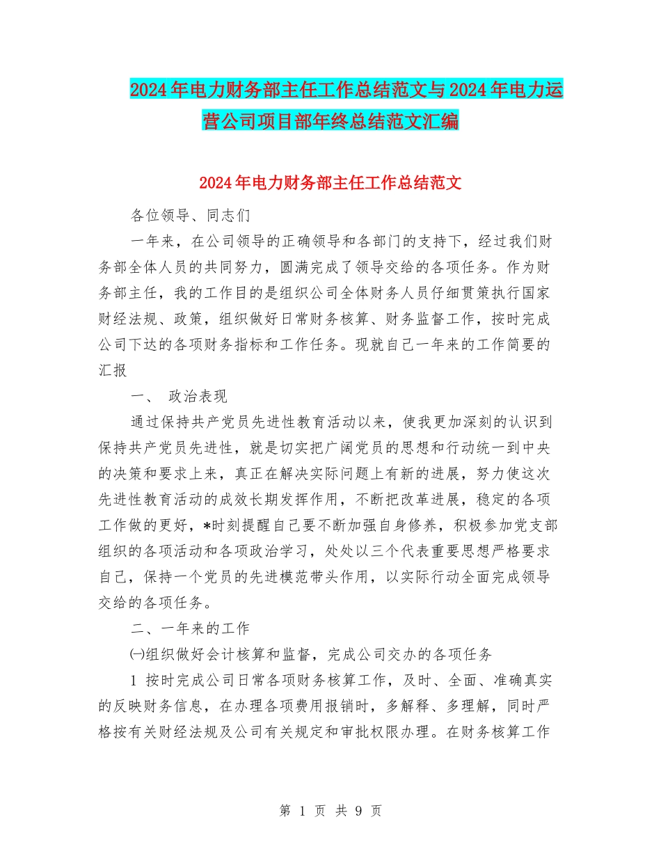 2024年电力财务部主任工作总结范文与2024年电力运营公司项目部年终总结范文汇编_第1页