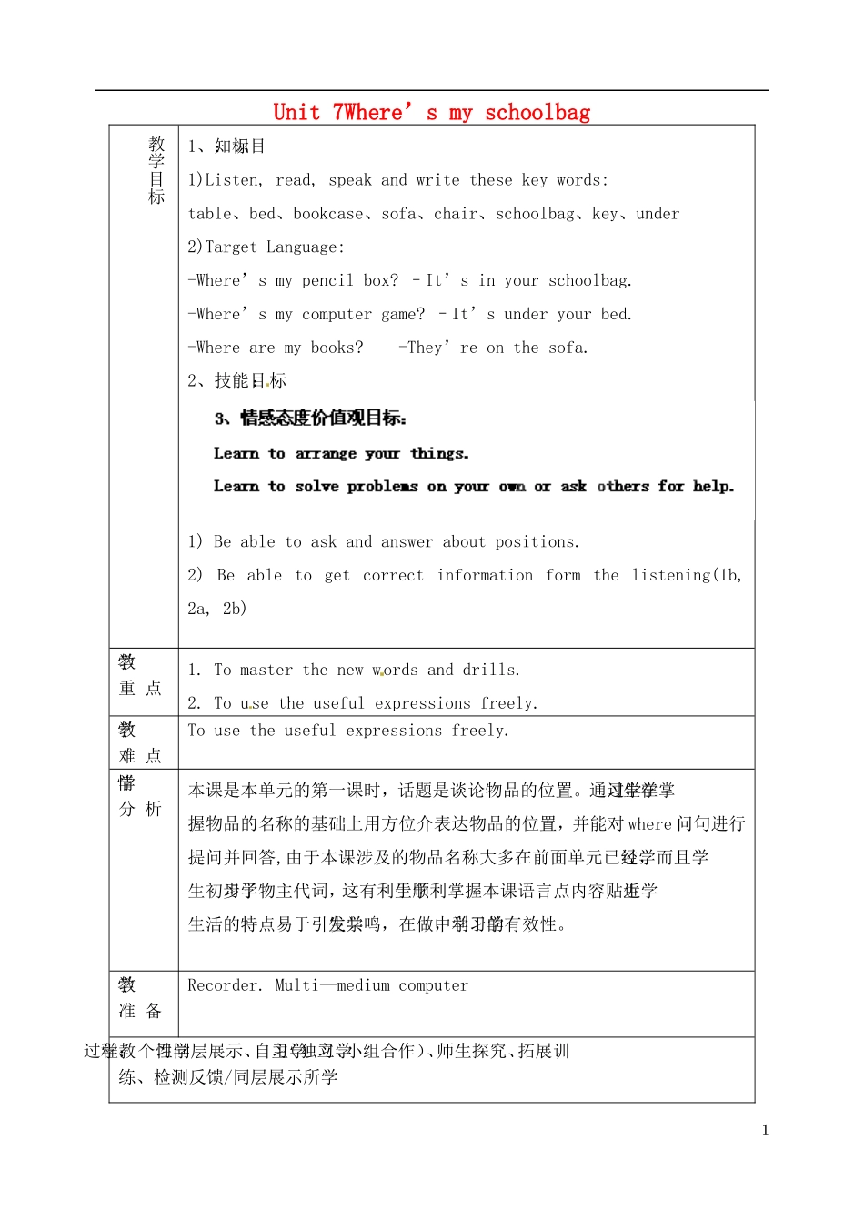 山东省淄博市临淄区第八中学六年级英语上册 Unit 7 Where’s my schoolbag（第1课时）教学设计 鲁教版五四制_第1页