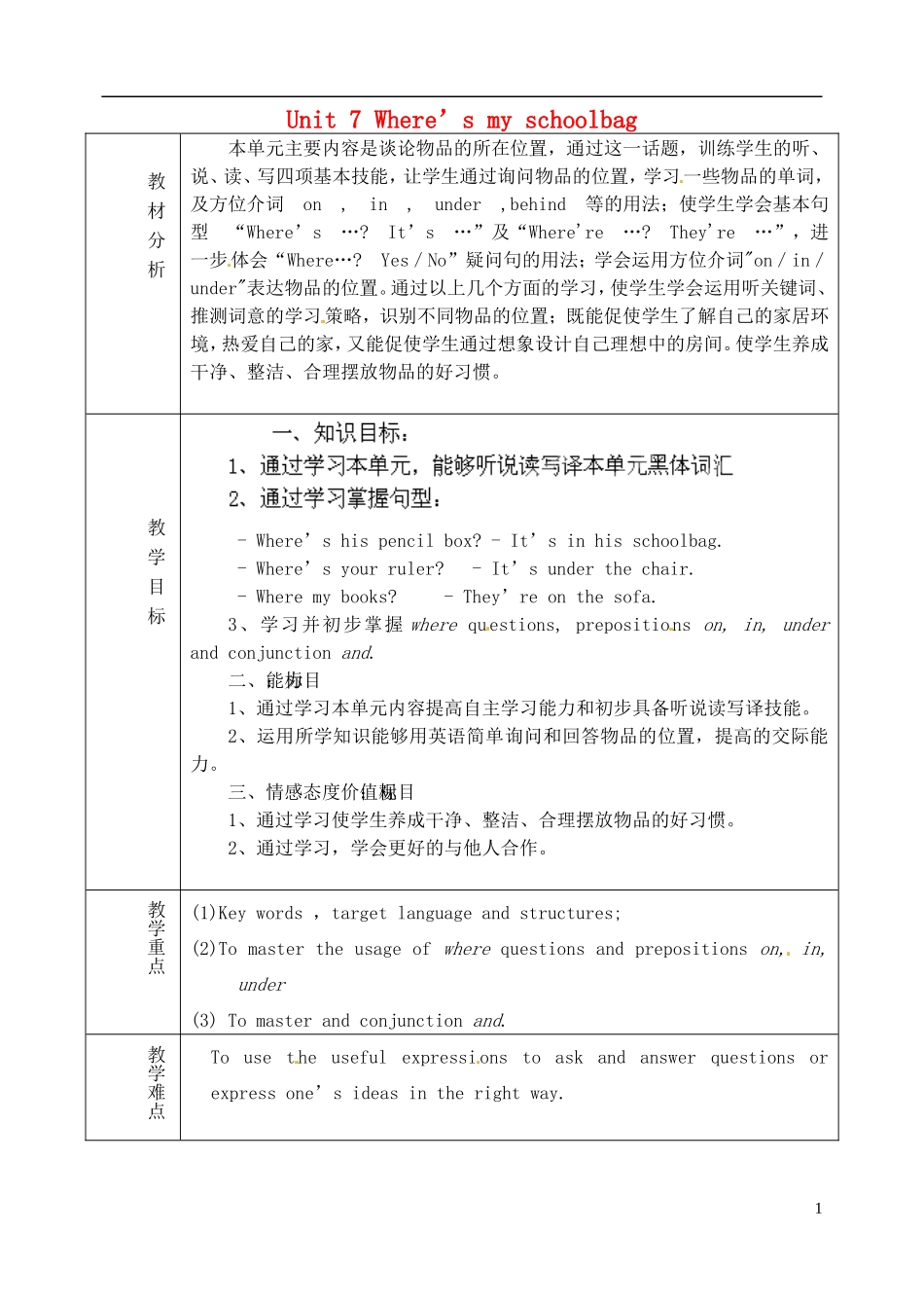 山东省淄博市临淄区第八中学六年级英语上册 Unit 7 Where’s my schoolbag单元教学设计 鲁教版五四制_第1页