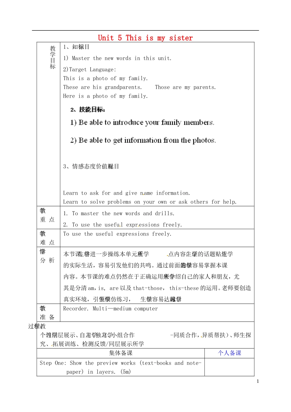 山东省淄博市临淄区第八中学六年级英语上册 Unit 5 This is my sister（第5课时）教学设计 鲁教版五四制_第1页