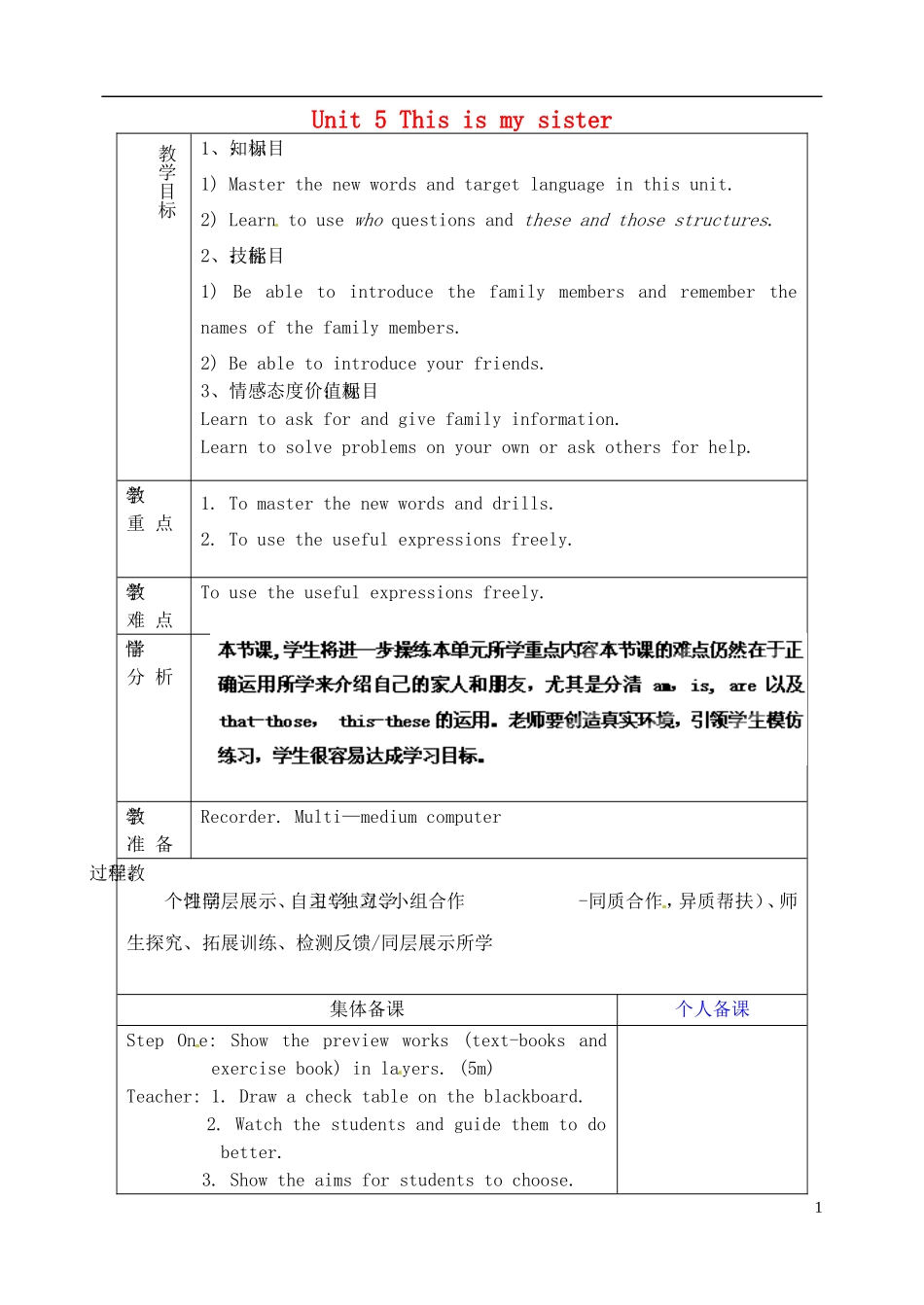 山东省淄博市临淄区第八中学六年级英语上册 Unit 5 This is my sister（第6课时）教学设计 鲁教版五四制_第1页