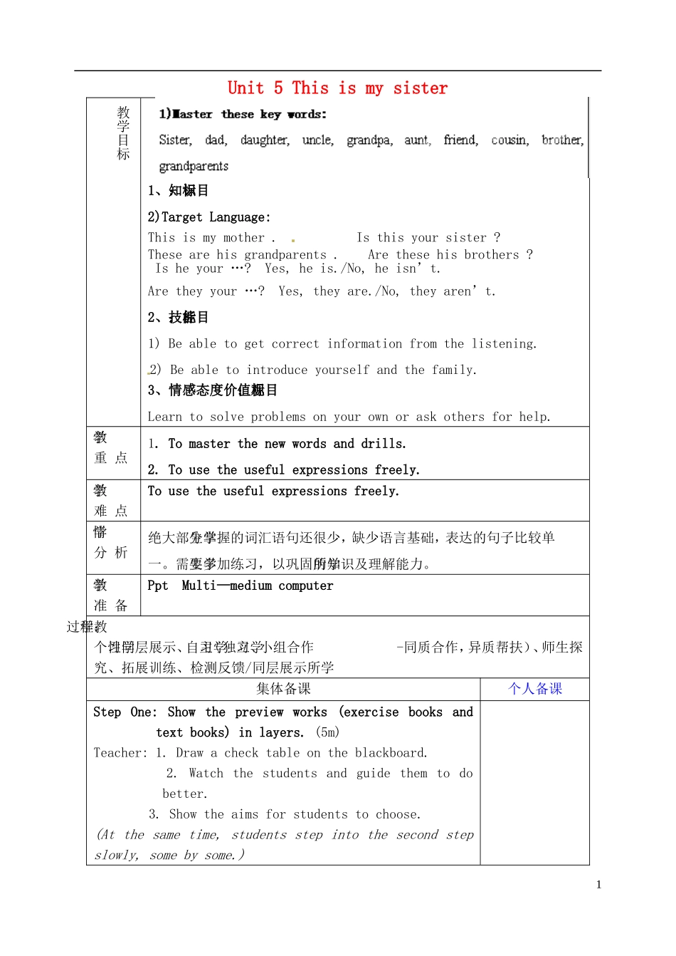 山东省淄博市临淄区第八中学六年级英语上册 Unit 5 This is my sister（第3课时）教学设计 鲁教版五四制_第1页