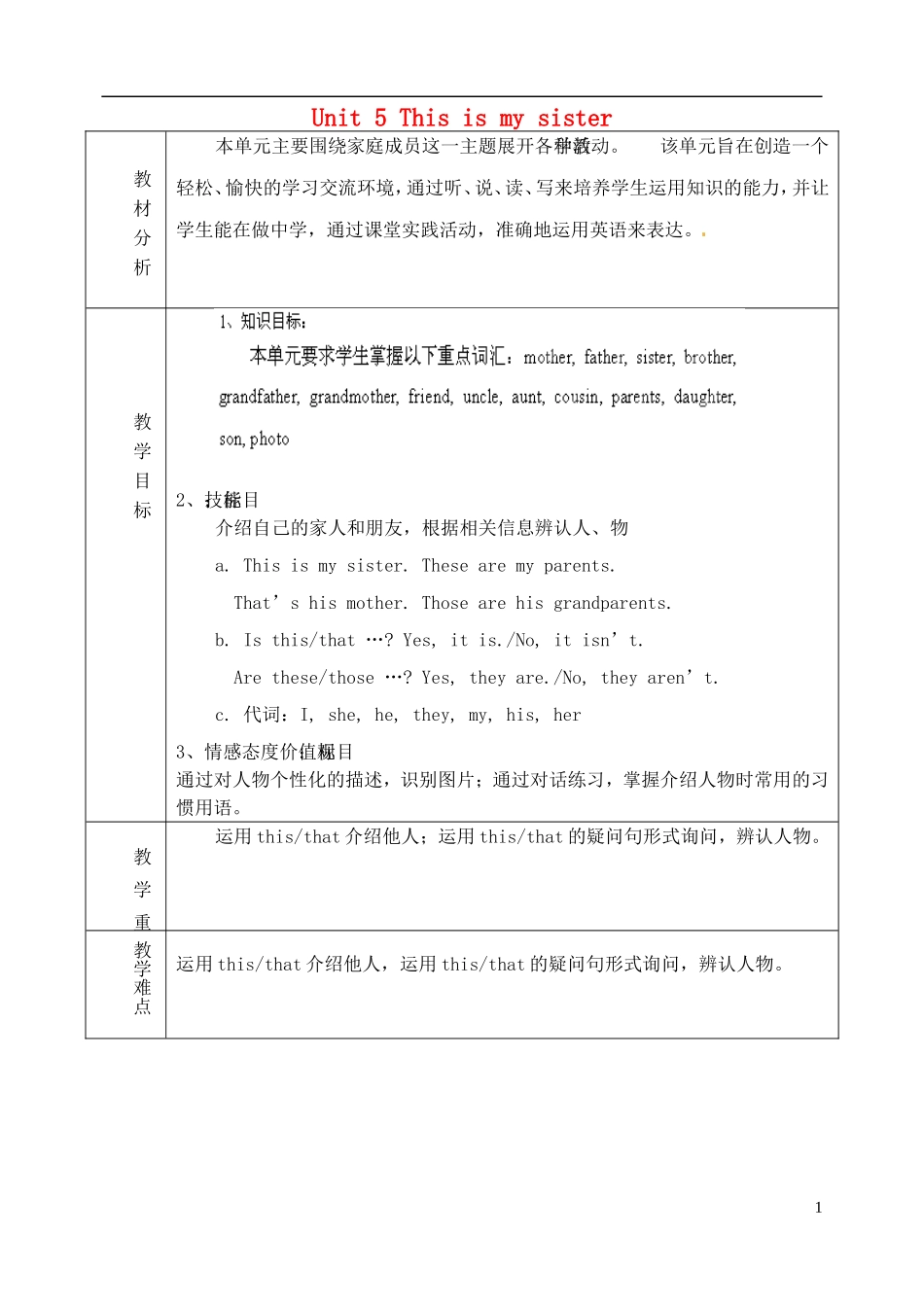 山东省淄博市临淄区第八中学六年级英语上册 Unit 5 This is my sister单元教学设计 鲁教版五四制_第1页