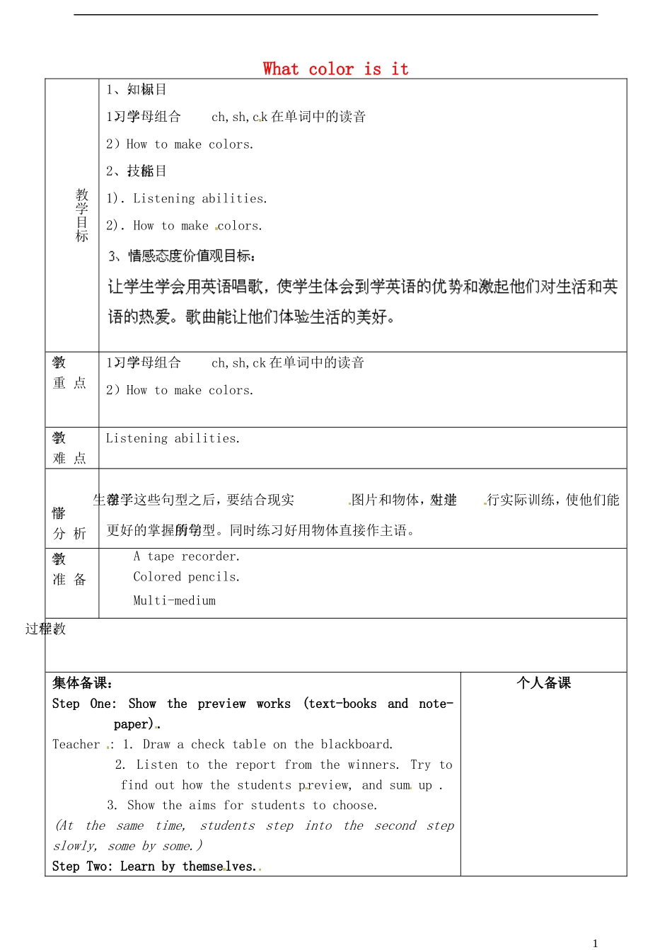 山东省淄博市临淄区第八中学六年级英语上册 Unit 3 What color is it（第4课时）教学设计 鲁教版五四制_第1页