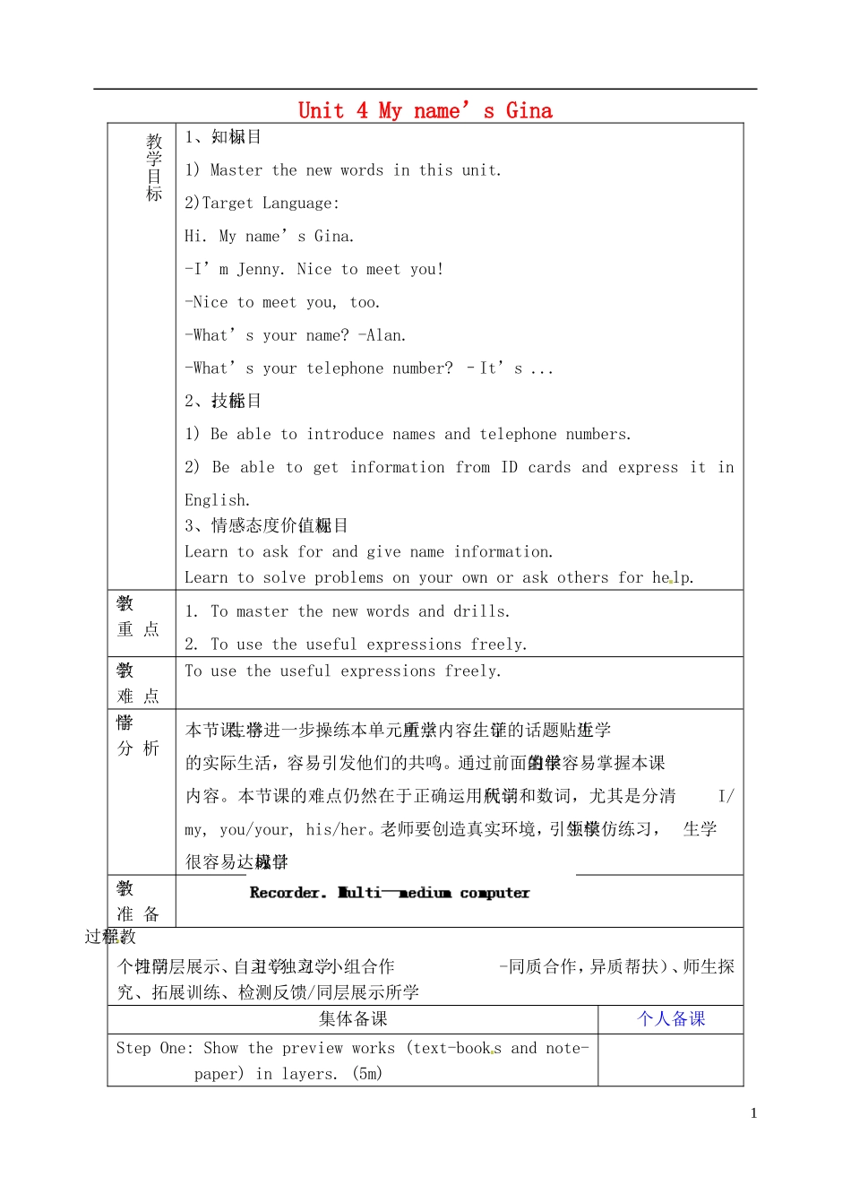 山东省淄博市临淄区第八中学六年级英语上册 Unit 4 My name’s is Gina（第5课时）教学设计 鲁教版五四制_第1页