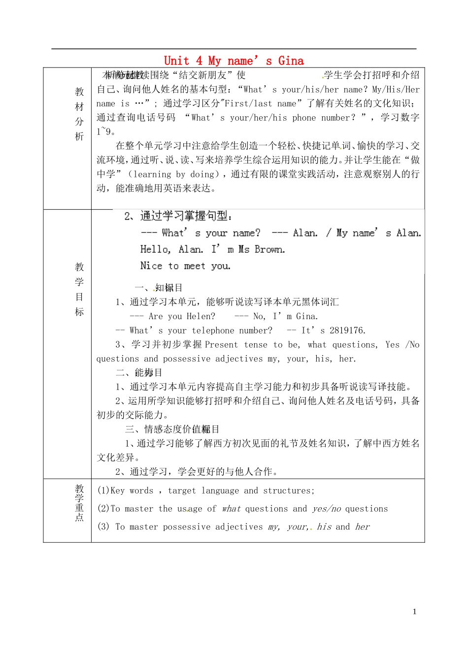 山东省淄博市临淄区第八中学六年级英语上册 Unit 4 My name’s is Gina单元教学设计 鲁教版五四制_第1页