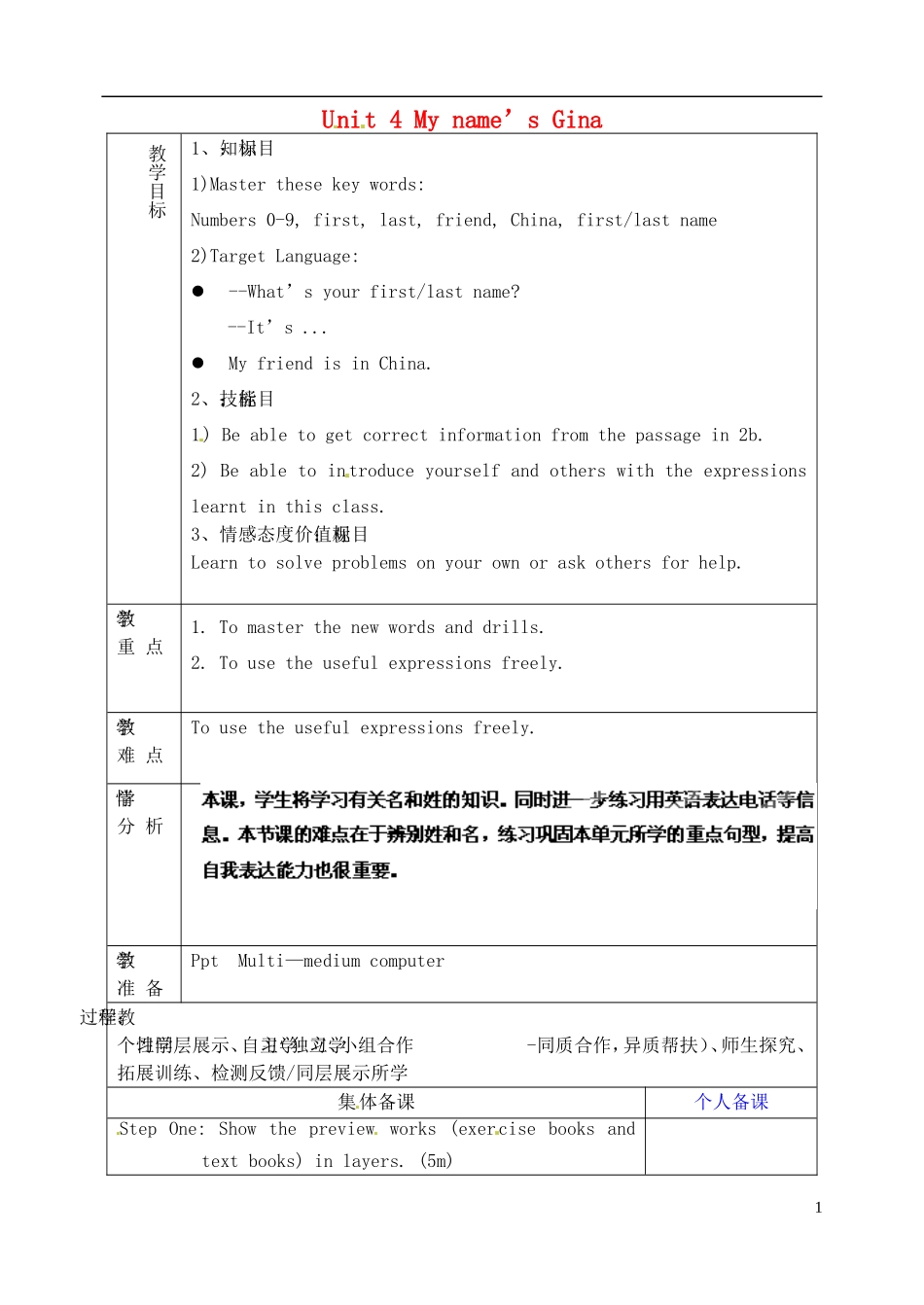 山东省淄博市临淄区第八中学六年级英语上册 Unit 4 My name’s is Gina（第4课时）教学设计 鲁教版五四制_第1页