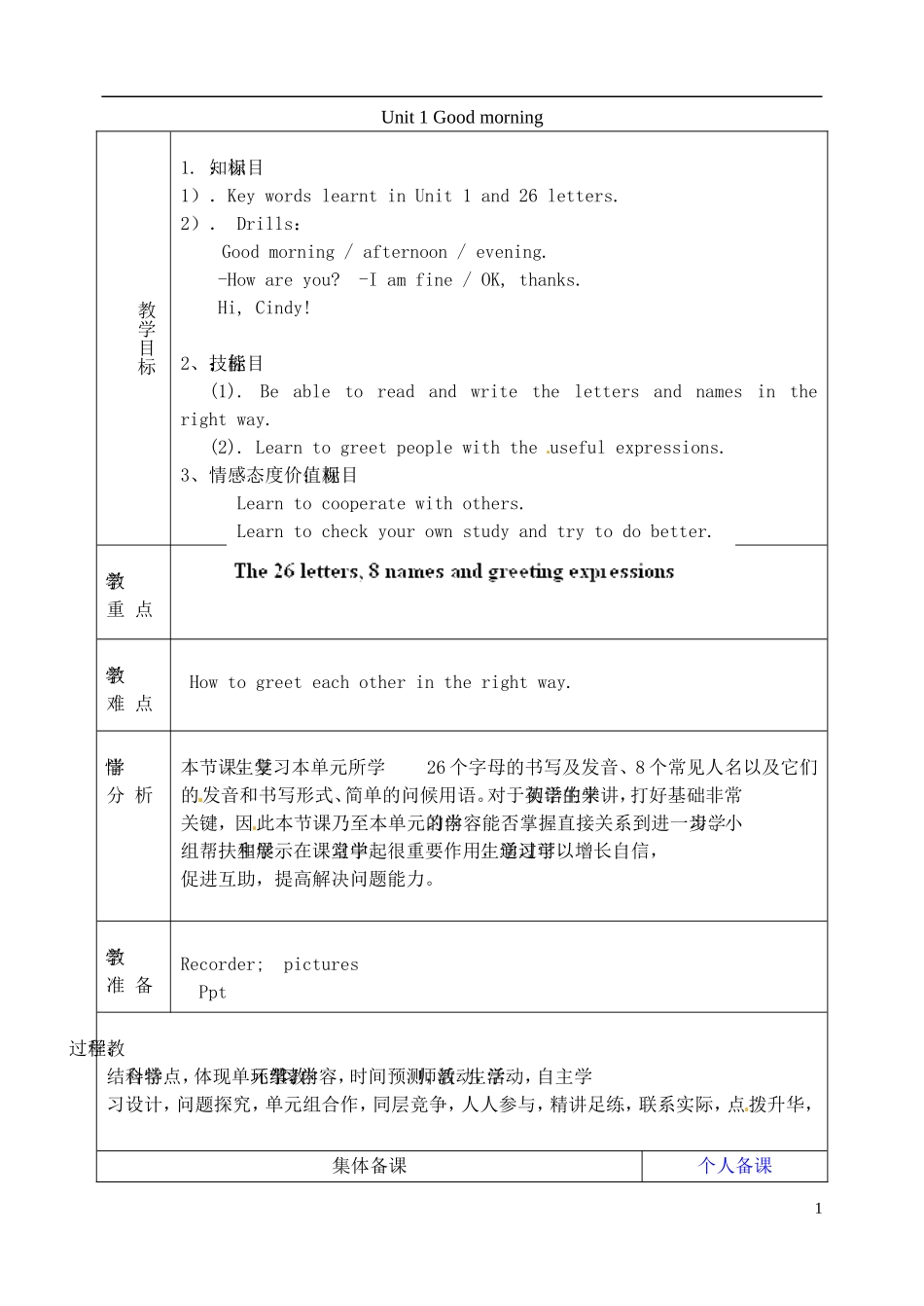 山东省淄博市临淄区第八中学六年级英语上册 Unit 1 Good morning（第6课时）教学设计 鲁教版五四制_第1页