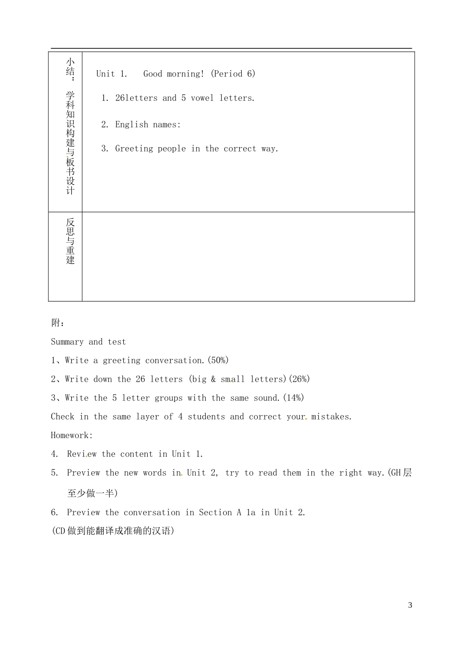 山东省淄博市临淄区第八中学六年级英语上册 Unit 1 Good morning（第6课时）教学设计 鲁教版五四制_第3页