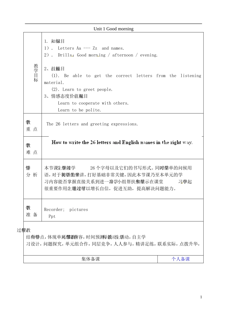 山东省淄博市临淄区第八中学六年级英语上册 Unit 1 Good morning（第2课时）教学设计 鲁教版五四制_第1页