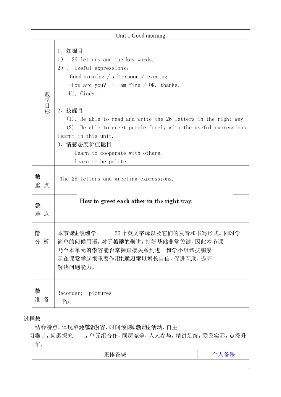 山东省淄博市临淄区第八中学六年级英语上册 Unit 1 Good morning（第5课时）教学设计 鲁教版五四制_第1页