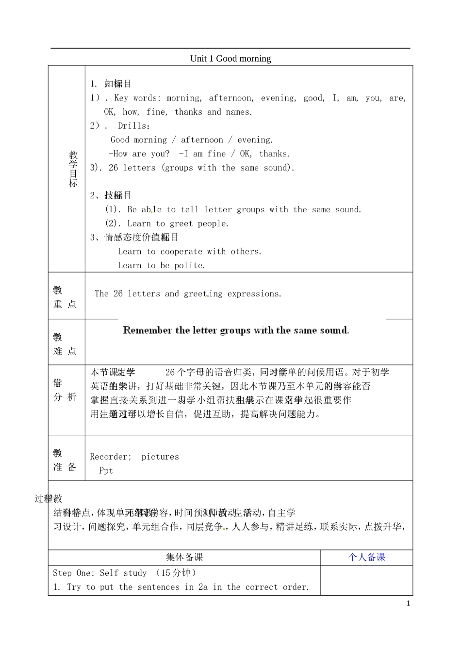 山东省淄博市临淄区第八中学六年级英语上册 Unit 1 Good morning（第4课时）教学设计 鲁教版五四制_第1页