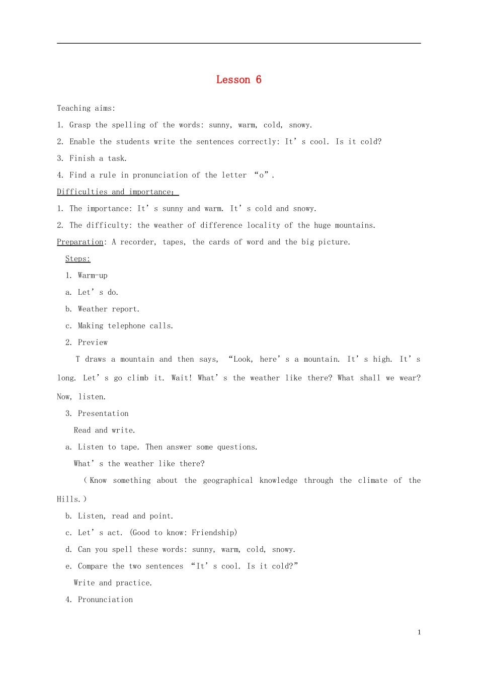 四年级英语下册 unit4 lesson6教案 人教pep_第1页