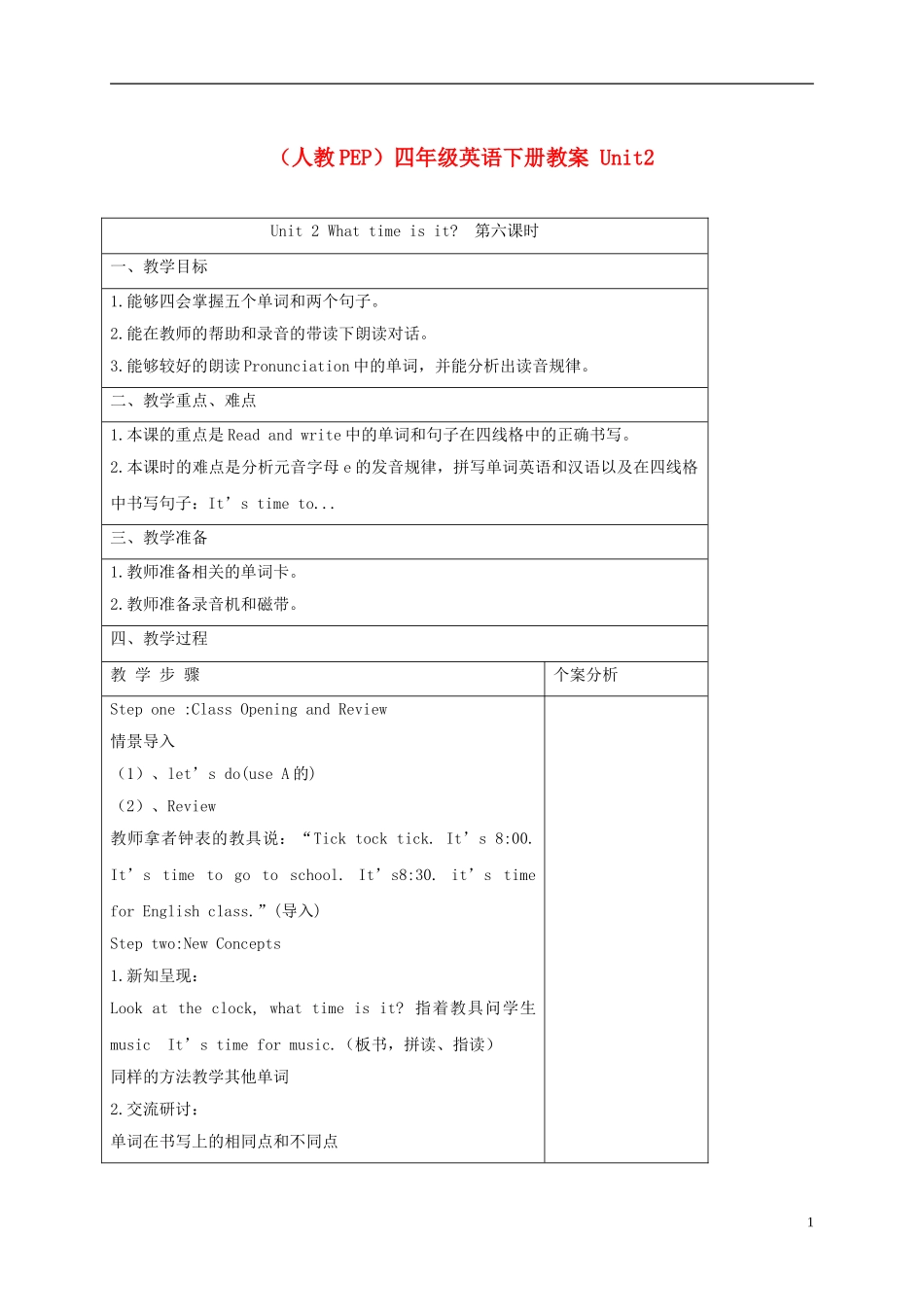 四年级英语下册 Unit2 第6课时教案 人教PEP_第1页