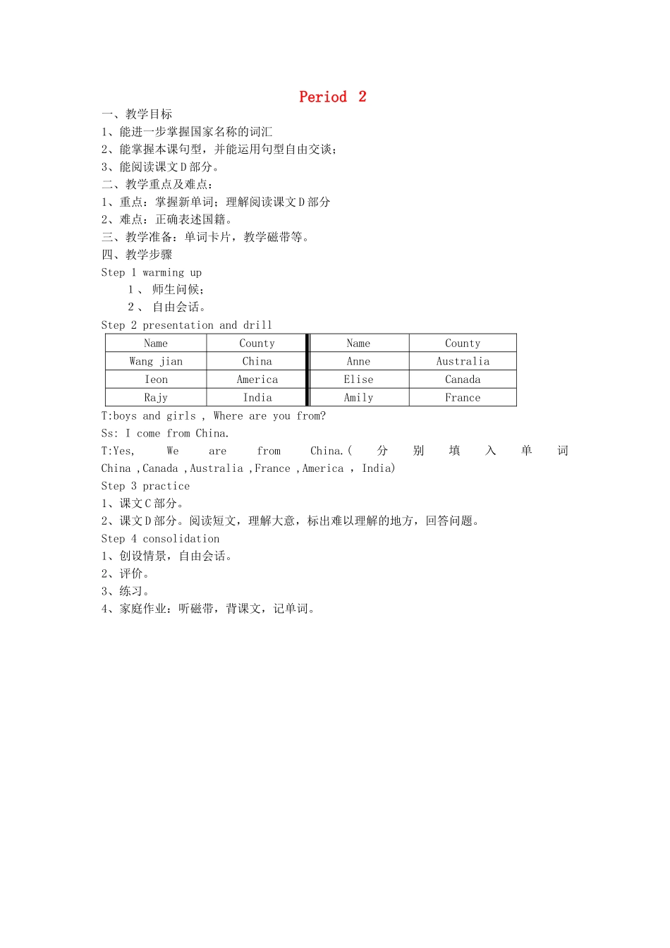 四年级英语下册 Unit 8 I come from China Period 2教案 湘少版（三起）-湘少版小学四年级下册英语教案_第1页