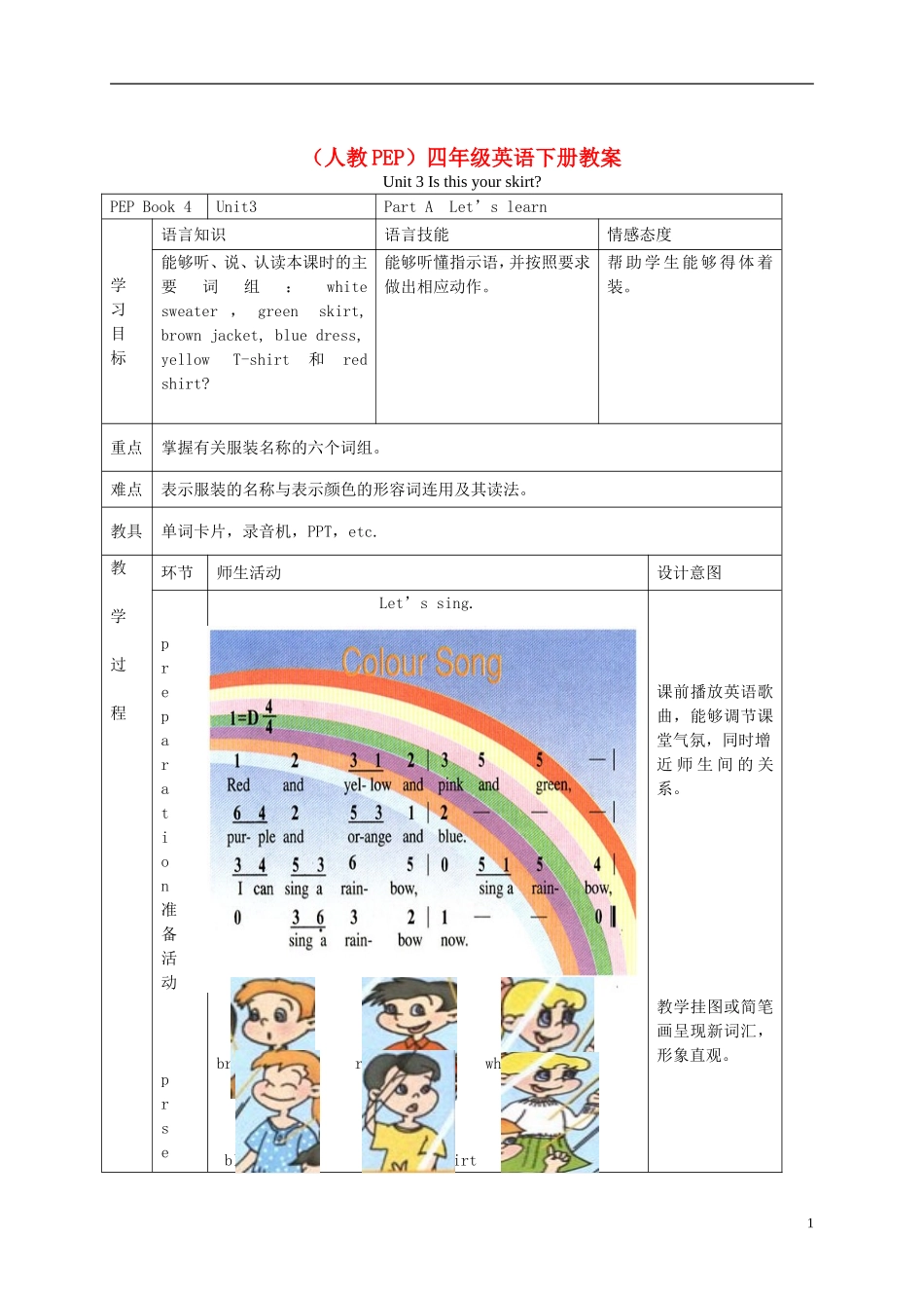 四年级英语下册 Unit 3(22) Part A learn教案 人教PEP_第1页