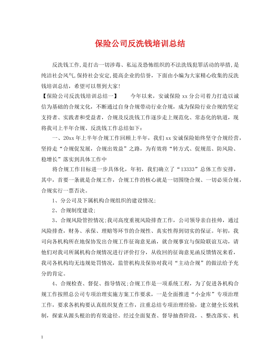 保险公司反洗钱培训总结 _第1页