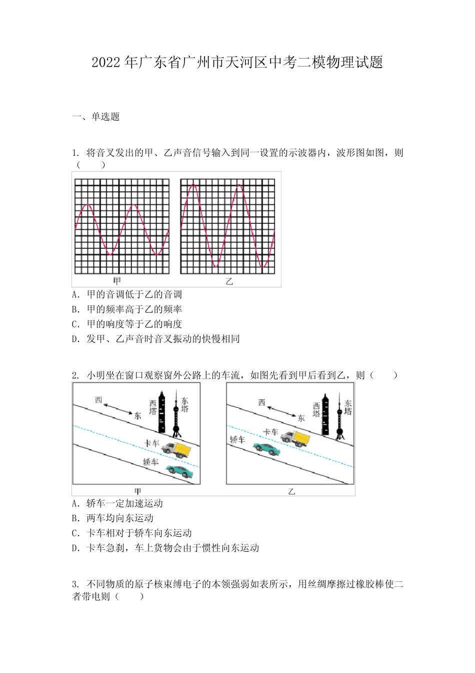 2022年广东省广州市天河区中考二模物理试题 _第1页