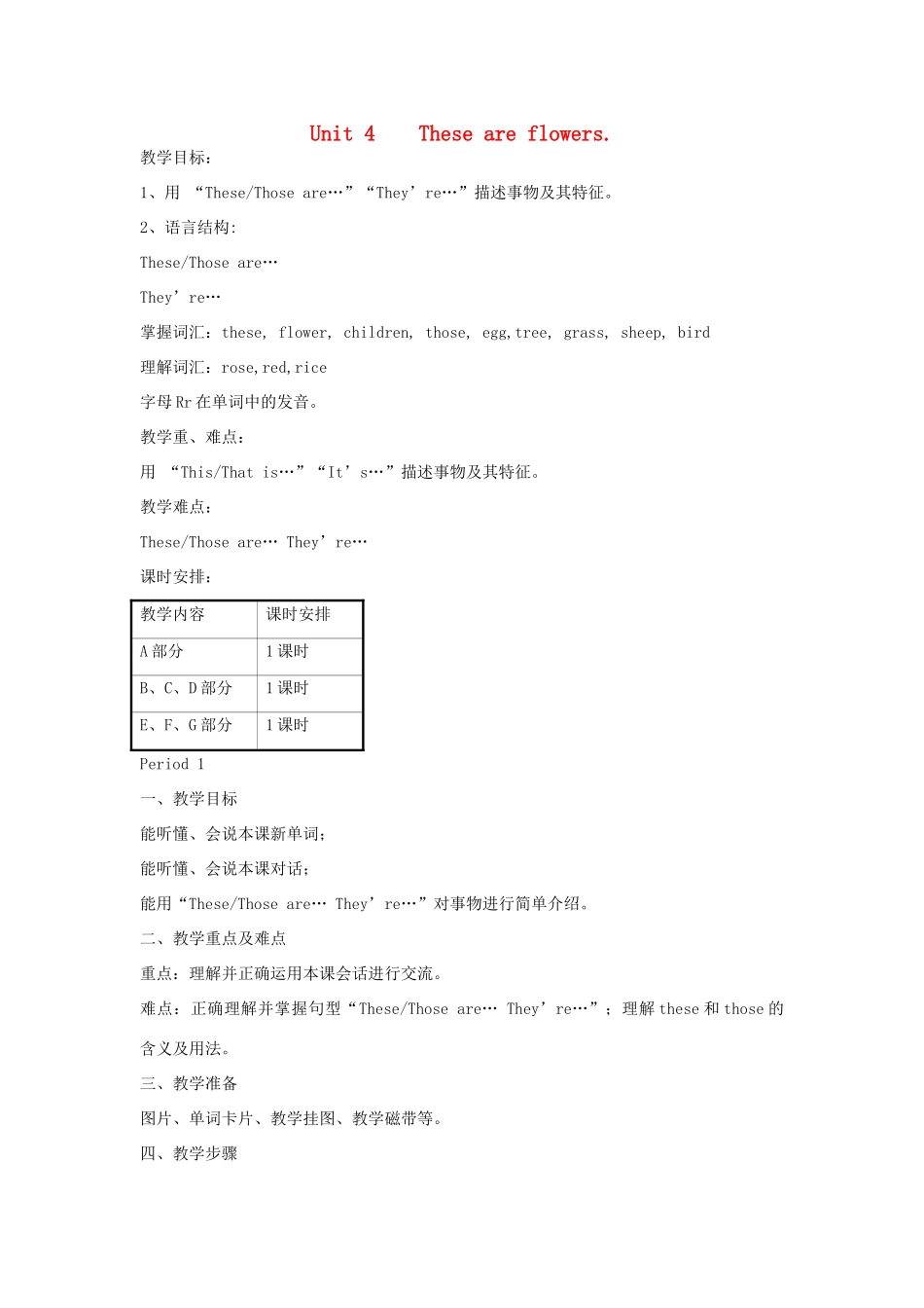 四年级英语上册 Unit 4 These are flowers教案1 湘少版-湘少版小学四年级上册英语教案_第1页