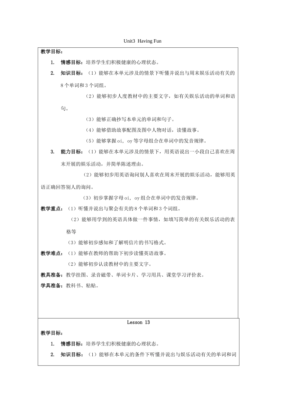 四年级英语上册 Unit 3 Having fun（Lesson13-14）教案 人教新起点-人教新起点小学四年级上册英语教案_第1页