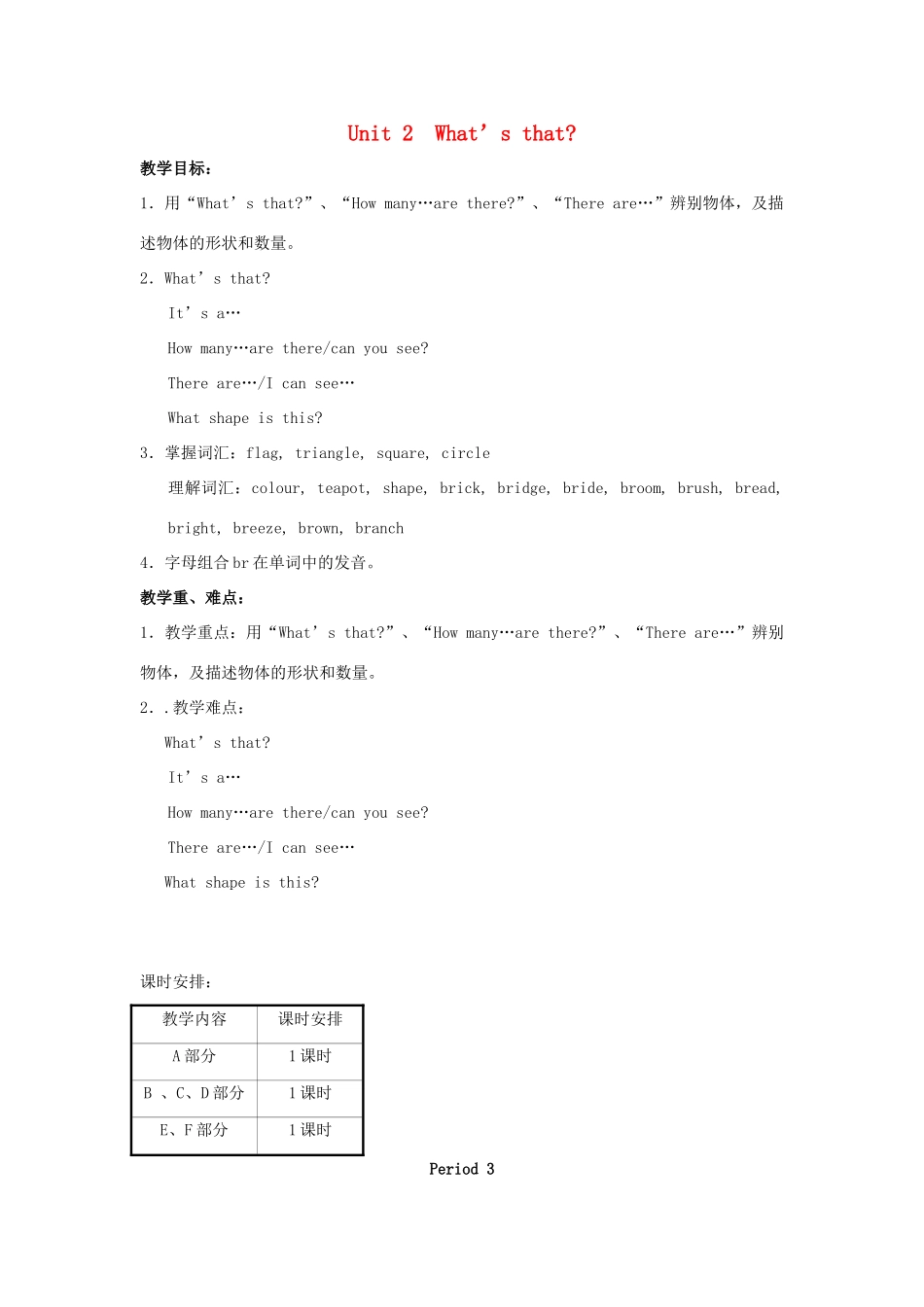 四年级英语上册 Unit 2 What’s that教案 湘少版-湘少版小学四年级上册英语教案_第1页