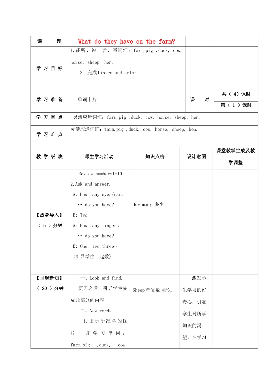 四年级英语上册 Unit 2 What Do They Have on the Farm教案 陕旅版-陕旅版小学四年级上册英语教案_第1页