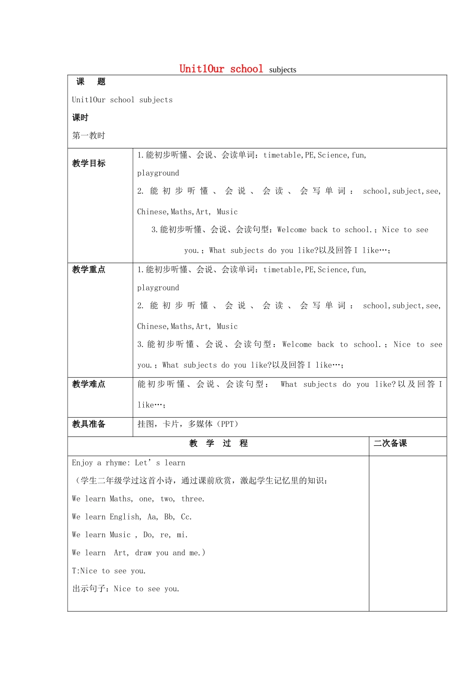 四年级英语上册 Unit 1 School Subjects教案（4课时） 广东版开心-广东版小学四年级上册英语教案_第1页