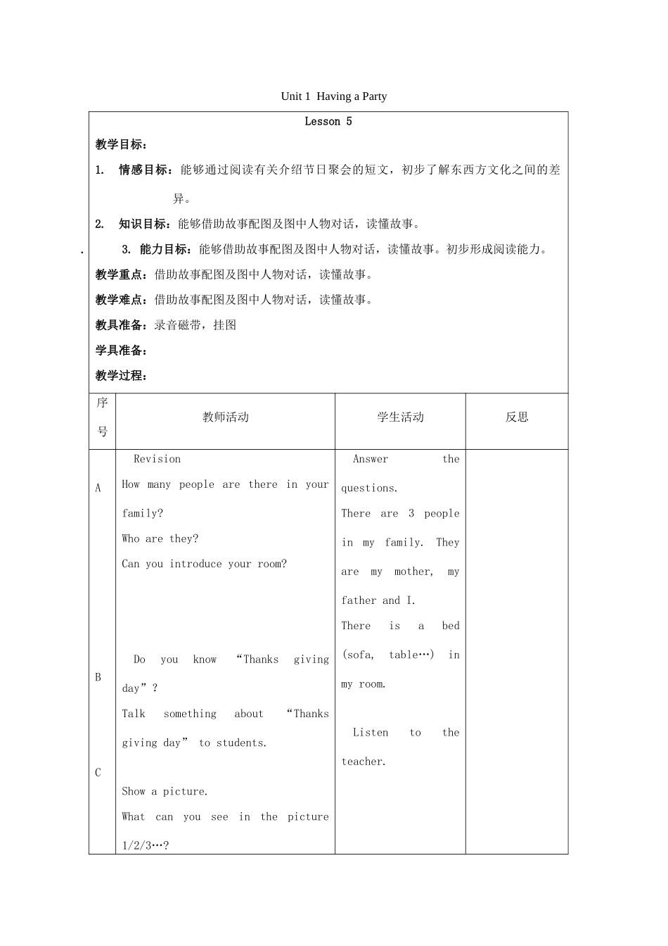 四年级英语上册 Unit 1 Having a party（lesson5-6）教案之一 人教新起点-人教新起点小学四年级上册英语教案_第1页