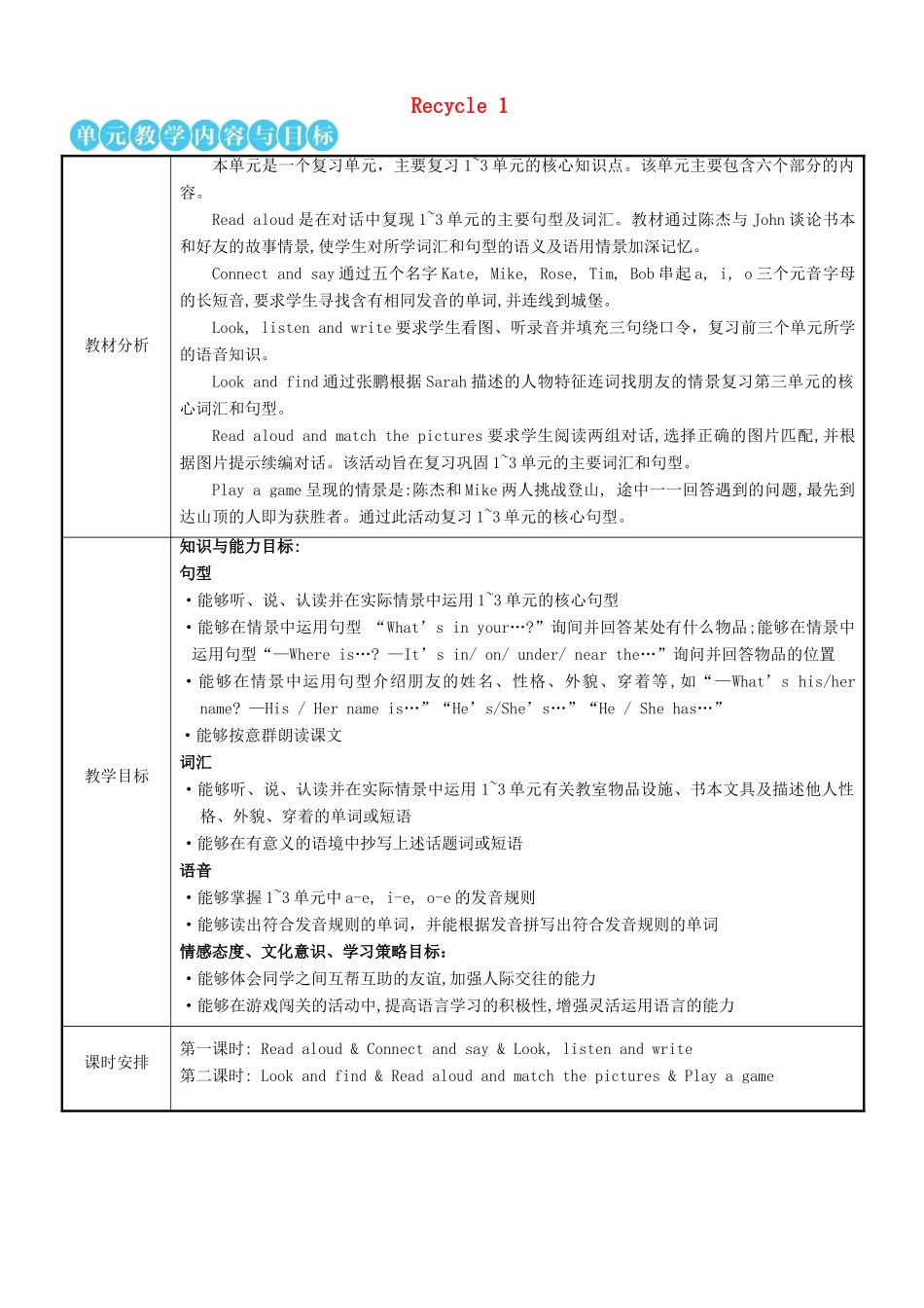 四年级英语上册 Recycle 1（第一课时）教案 人教PEP-人教PEP小学四年级上册英语教案_第1页