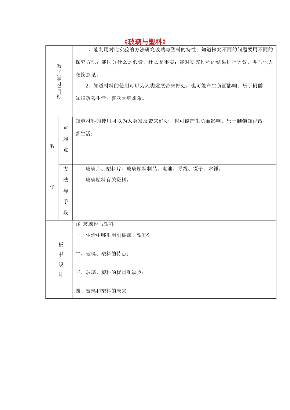 四年级科学下册《玻璃与塑料》课时教案 青岛版_第1页