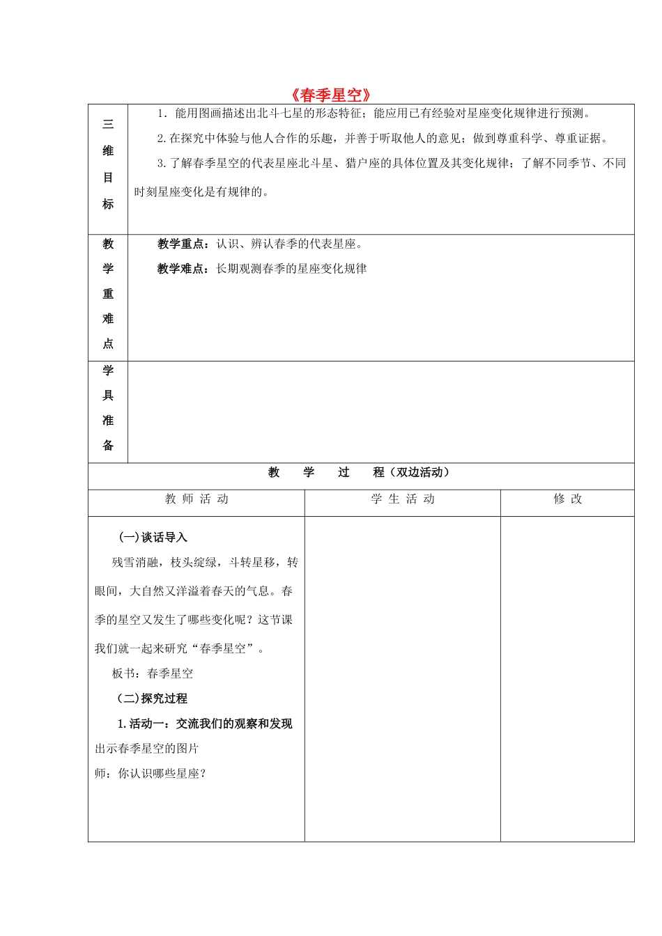 四年级科学下册《春季星空》教案1 青岛版_第1页