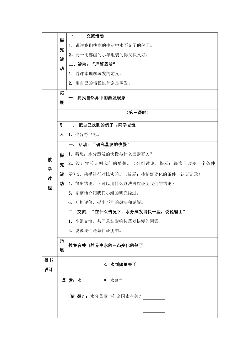 四年级科学下册 第3单元 8《水到哪里去了》教案 翼教版-人教版小学四年级下册自然科学教案_第2页