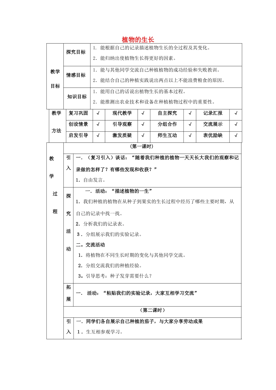 四年级科学下册 第4单元 12《植物的生长》教案 翼教版-人教版小学四年级下册自然科学教案_第1页