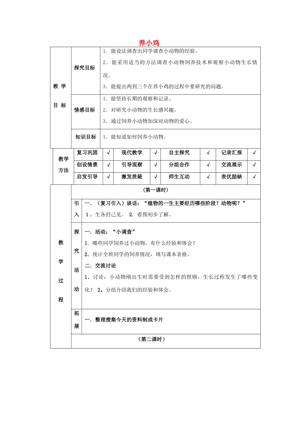 四年级科学下册 第4单元 13《养小鸡》教案 翼教版-人教版小学四年级下册自然科学教案_第1页