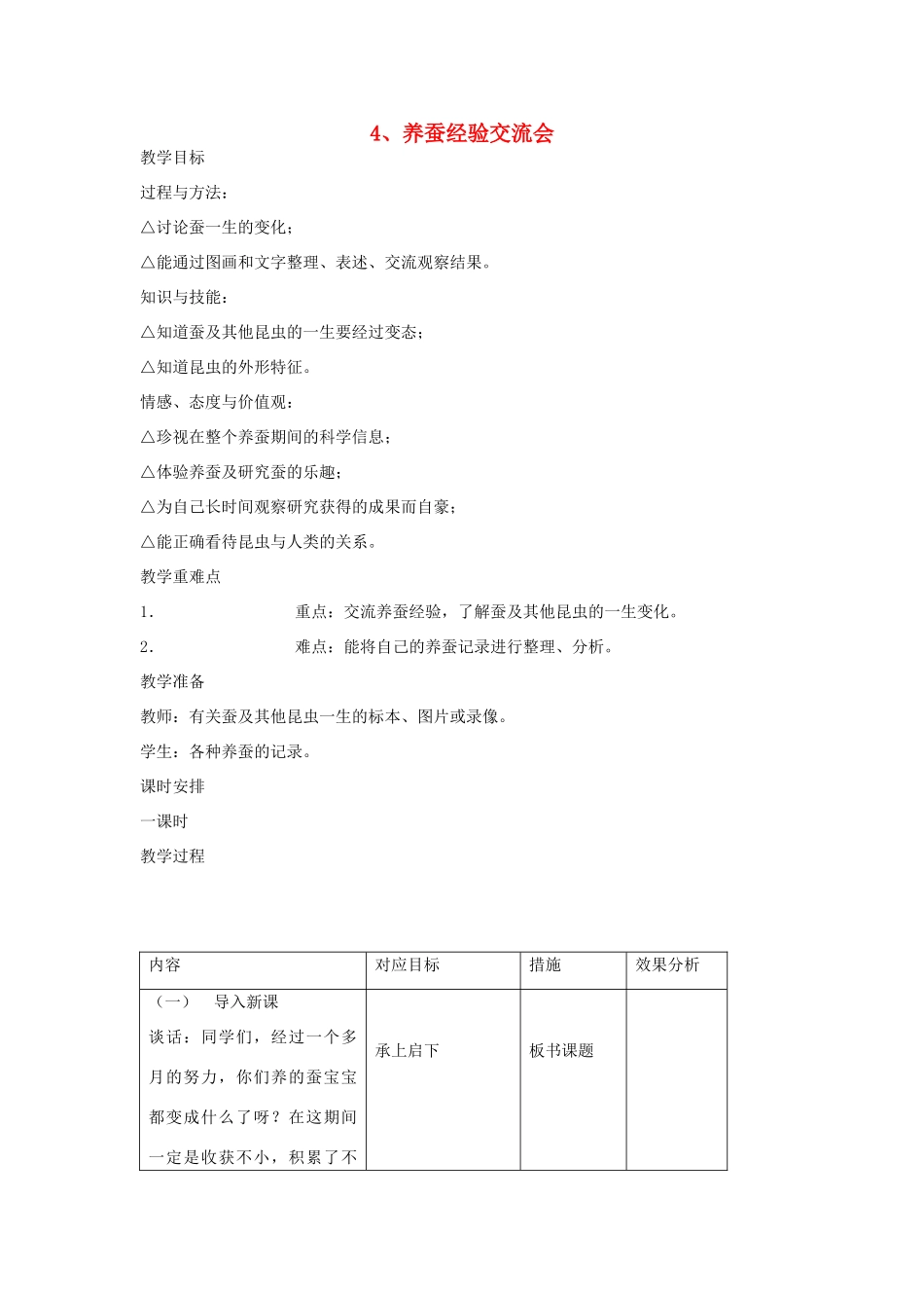 四年级科学下册 2.4养蚕经验交流会教案4 苏教版-苏教版小学四年级下册自然科学教案_第1页