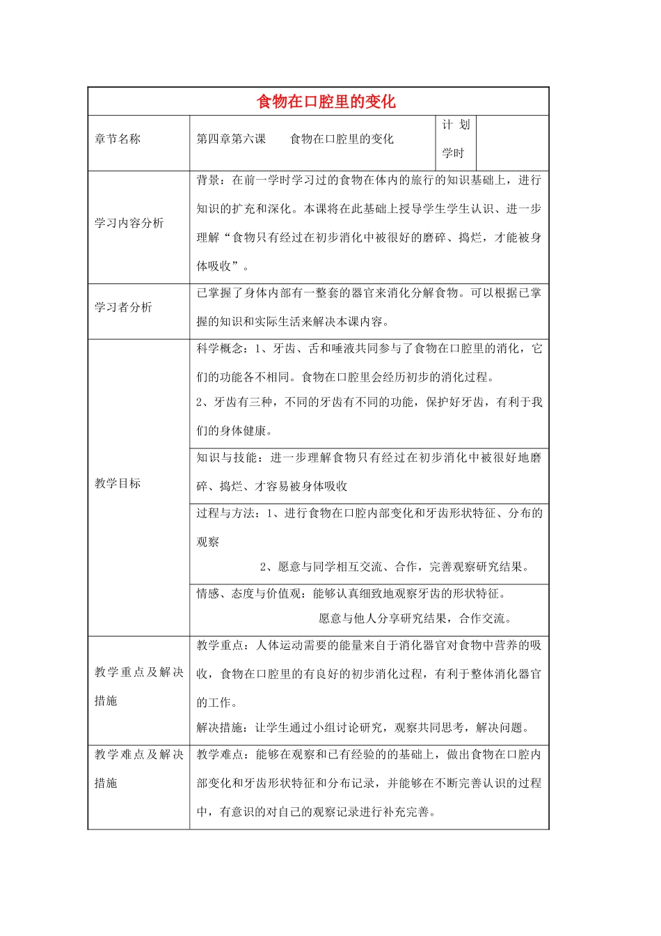 四年级科学上册《食物在口腔里的变化》表格式教案 教科版_第1页