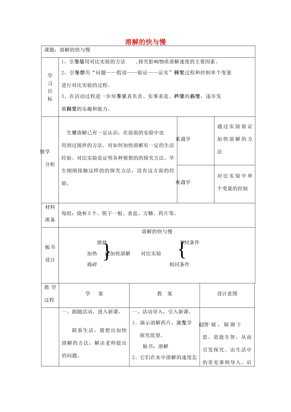四年级科学上册《溶解的快与慢》教学设计2 教科版_第1页
