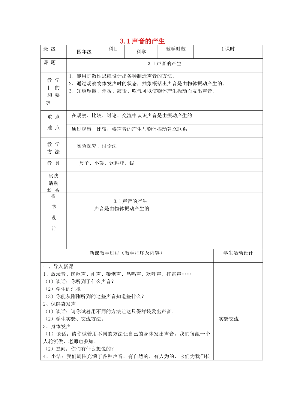 四年级科学上册 第三单元 奇妙的声音王国 1声音的产生教案 苏教版-苏教版小学四年级上册自然科学教案_第1页