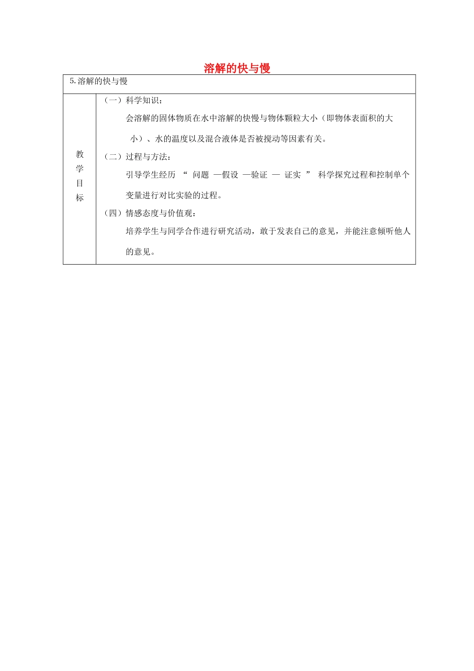 四年级科学上册 溶解 5 溶解的快与慢教案 教科版-教科版小学四年级上册自然科学教案_第1页