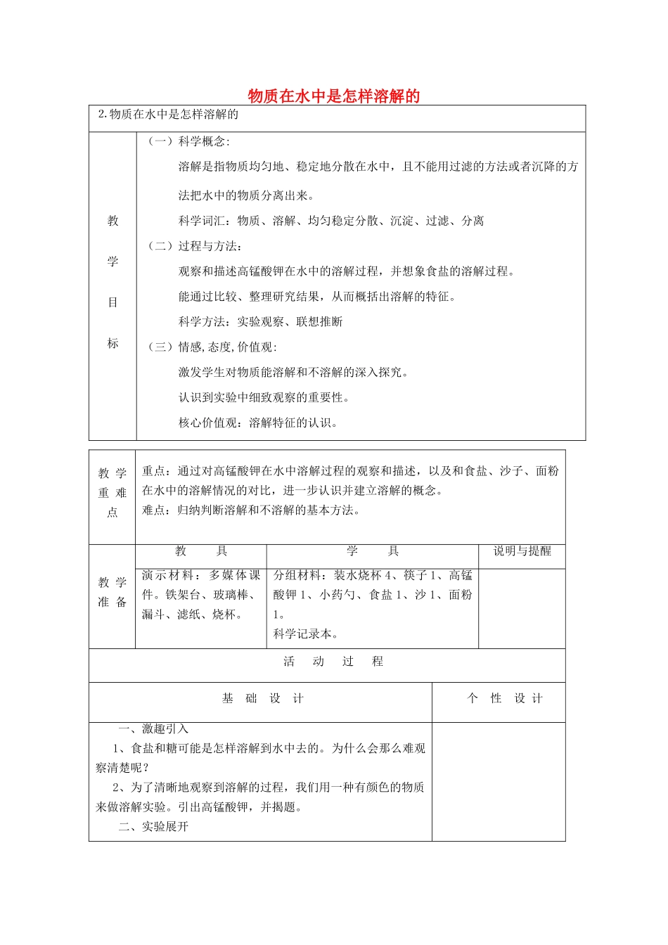 四年级科学上册 溶解 2 物质在水中是怎样溶解的教案 教科版-教科版小学四年级上册自然科学教案_第1页