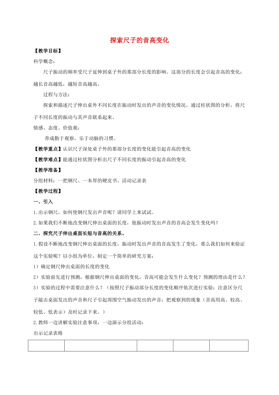 四年级科学上册 探索尺子的音高变化1教案 教科版_第1页
