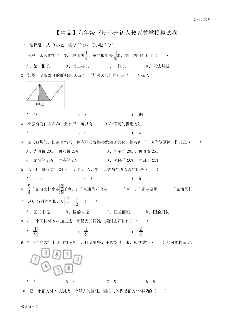 2021-2022学年六年级数学下册小升初精品模拟卷1(人教版含详细解析)_第1页