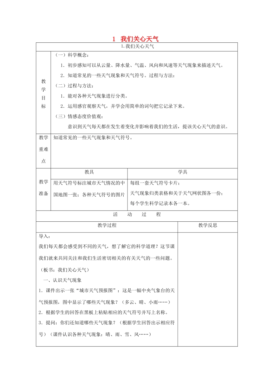 四年级科学上册 天气 1 我们关心天气教案 教科版-教科版小学四年级上册自然科学教案_第1页